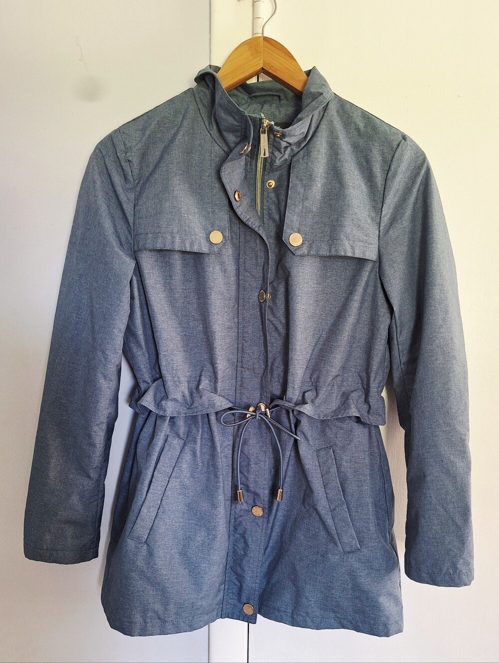 Kenneth Cole Reaction Women's Blue Drawstring Waist Rain Jacket Size Small